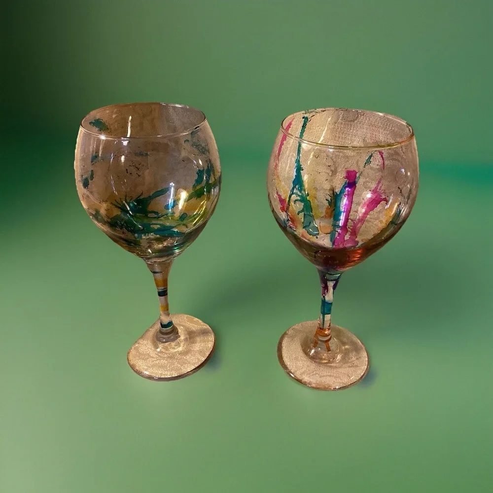 4 Large Multicolored Hand-Painted Wine Glasses-9